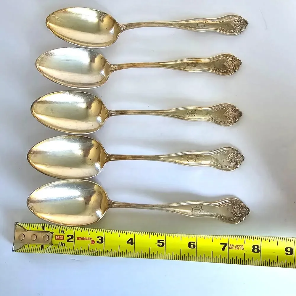 Antique Silver Plate Tablespoons 5 Monogramed Scroll Motif Unmarked Gilded Age